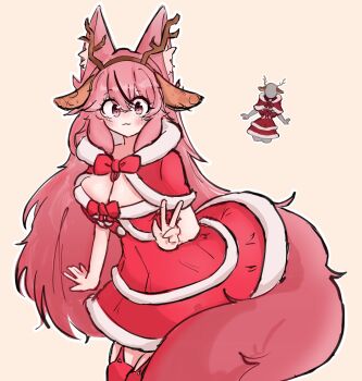 Rule 34 | :3, absurdres, animal ears, antlers, autsellia, autsellia (vtuber), blush, bow, breasts, brown hairband, capelet, cleavage, deer antlers, deer ears, dress, fake animal ears, fox ears, fox girl, fox tail, hairband, highres, horns, indie virtual youtuber, large breasts, long hair, pink hair, red bow, red capelet, red eyes, red thighhighs, santa costume, santa dress, simple background, tail, thighhighs, v, virtual youtuber