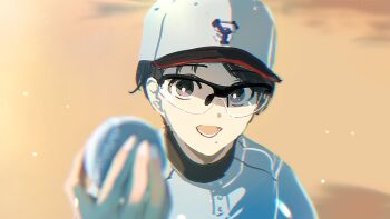 Rule 34 | 1boy, :d, asumi chikyuu, ball, baseball, baseball (object), baseball cap, baseball jersey, black-framed eyewear, black hair, blurry, blurry foreground, bright pupils, chromatic aberration, commentary request, glasses, hat, highres, holding, holding ball, jersey, kobori heita, light particles, looking at viewer, male focus, mole, mole under eye, open mouth, portrait, purple eyes, shirt, short hair, smile, solo, strikeout pitch, white hat, white pupils, white shirt