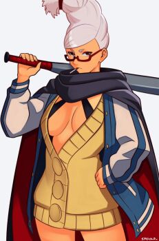 1girl artist_name ayase_seiko baseball_bat beehive_hairdo black_cape breasts brown_hair cape cigarette cleavage dandadan glasses grey_hair highres holding holding_baseball_bat jacket large_breasts looking_at_viewer mature_female open_clothes open_jacket red-framed_eyewear red_cape simple_background smgold smoking solo two-sided_cape two-sided_fabric white_background