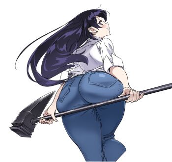 1girl arato_nagi ass black_eyes black_hair commentary_request cropped_legs denim from_behind hammer highres holding holding_hammer jeans long_hair looking_at_viewer looking_back nishieda pants ruri_no_houseki shirt simple_background solo white_background white_shirt
