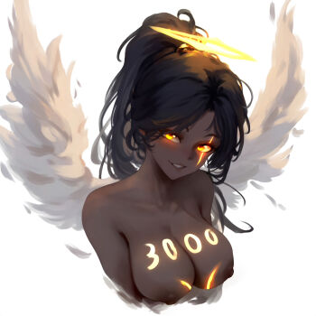 Rule 34 | angel, angel wings, baddelz, black hair, body writing, breasts, cora (baddelz), dark-skinned female, dark skin, feathered wings, glowing, glowing eyes, glowing scar, halo, highres, large breasts, nude, orange eyes, original, ponytail, scar, scar across eye, scar on face, wings, yellow halo
