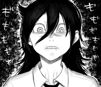 1girl absurdres angry biting_own_lip commentary_request frown greyscale hair_between_eyes highres koma_neko kuroki_tomoko monochrome necktie no_eyebrows portrait solo teeth watashi_ga_motenai_no_wa_dou_kangaetemo_omaera_ga_warui!