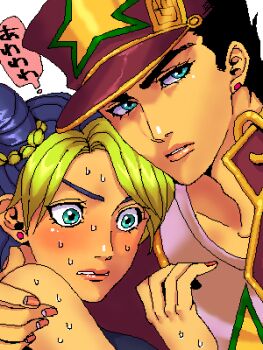 1boy 1girl arm_around_shoulder black_hair blue_hair braid bun_with_braided_base chain commentary_request double_bun earrings father_and_daughter green_eyes green_hair hair_bun hat jewelry jojo_no_kimyou_na_bouken kuujou_jolyne kuujou_joutarou lowres multicolored_hair nedayashi purple_hat red_nails stone_ocean stud_earrings sweat translation_request two-tone_hair