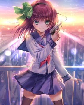 Rule 34 | angel beats!, black thighhighs, blush, bow, goto p, green eyes, hair bow, hairband, long hair, nakamura yuri, purple hair, school uniform, serafuku, shinda sekai sensen uniform, shirt, short hair, skirt, thighhighs