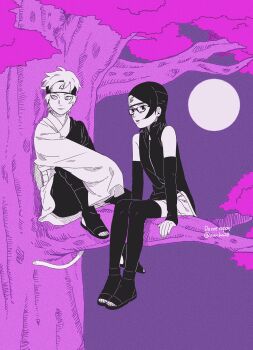 1boy 1girl boruto:_naruto_next_generations commentary_request detached_sleeves forehead_protector full_moon glasses headband highres japanese_clothes konohagakure_symbol mitsuki_(naruto) moon naruto_(series) onka_(aun_ka28) open-toe_shoes partially_colored purple_theme sitting_on_branch sleeves_past_fingers sleeves_past_wrists snake thighhighs tree uchiha_sarada