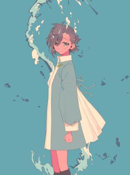 1girl absurdres air_bubble antenna_hair asymmetrical_bangs black_socks blue_background blue_dress bubble cigarette_burn clenched_hand collared_dress commentary_request dress feet_out_of_frame from_side grey_eyes grey_hair highres kabane_(rjev8385) kneehighs lapel_pin long_sleeves looking_at_viewer original parted_lips pleated_dress ponytail short_hair short_ponytail socks solo standing swept_bangs two-tone_dress water white_dress