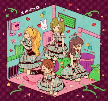 Rule 34 | 4girls, alley, animal ears, arms at sides, bandaid, bandaid on arm, bandaid on leg, beads, belt, black corset, black footwear, blonde hair, blush stickers, boots, bottle, brown eyes, brown hair, buttons, cat ears, choker, club (weapon), commentary, condenser unit, confetti, corner, corset, crumpled paper, crushed can, dotted background, dress, emily stewart, expressionless, fish skeleton, fishnet socks, fishnets, frilled dress, frills, fusebox, futami ami, garter straps, graffiti, grate, green hair, grin, hair beads, hair ornament, hair ribbon, hairband, hand on floor, hand on wall, heart, heart-shaped pupils, highres, holding, holding club, holding weapon, idolmaster, idolmaster million live!, idolmaster million live! theater days, industrial pipe, key, kitazawa shiho, kneeling, leaning forward, looking at viewer, multicolored dress, multicolored ribbon, multiple girls, nagayoshi subaru, phone number, pink belt, pink choker, plaid clothes, plaid dress, ponytail, purple eyes, rabbit, red eyes, ribbon, short hair, short ponytail, side ponytail, sitting, sitting in corner, smile, socks, spiked bat, spill, star (symbol), sticker, sumomo 030102, symbol-shaped pupils, trash bag, trash can, twintails, vent (object), wavy hair, weapon, wrist ribbon, wristband