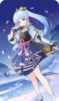 Rule 34 | 1girl, arm guards, armor, ayaka (genshin impact), bad source, black gloves, blue eyes, blue hair, blunt tresses, closed mouth, falling petals, floating hair, folding fan, genshin impact, gloves, hand fan, hand up, high ponytail, holding, holding fan, japanese armor, long hair, looking at viewer, mole, mole under eye, neck tassel, official art, outdoors, partially fingerless gloves, petals, ponytail, sandals, smile, socks, solo, standing, tassel, white socks