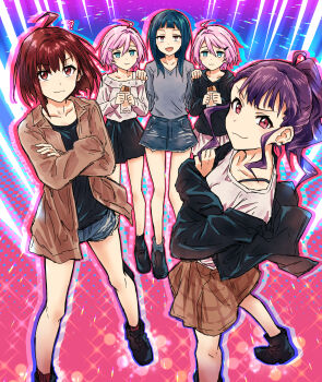 Rule 34 | 5girls, :3, :d, absurdres, ahoge, black hoodie, black shirt, black skirt, blue background, blue eyes, blue hair, blue shorts, brown jacket, brown skirt, closed mouth, collarbone, commentary, crossed arms, denim, denim shorts, denim skirt, drop shadow, food, gradient background, grey shirt, hair ornament, hairclip, highres, holding, holding food, hood, hoodie, hot dog, jacket, jitome, karakuri futaba, karakuri hitoha, kasukabe haru, kujou ume, long hair, long sleeves, looking at viewer, medium hair, miniskirt, multiple girls, off shoulder, open mouth, orange eyes, pink background, plaid clothes, plaid skirt, ponytail, purple background, purple hair, raised eyebrow, red eyes, red hair, revision, shirt, short hair, short shorts, shorts, siblings, single off shoulder, sisters, skirt, smile, sparkle, standing, tendouji musubi, tokyo 7th sisters, twins, v-shaped eyebrows, wavy mouth, white shirt, white skirt, yukitake (bullfalk)