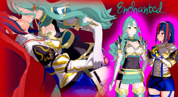 2girls 3d absurdres artist_request assertive_female blue_hair breasts chloe_(fire_emblem) cleavage english_text female_alear_(fire_emblem) fire_emblem fire_emblem_engage highres kiss large_breasts leaning_back leaning_forward long_hair medium_breasts multicolored_hair multiple_girls nintendo non-web_source red_hair very_long_hair yuri