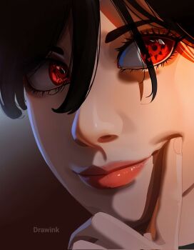 1girl artist_name black_hair boruto:_two_blue_vortex close-up commentary drawink hair_between_eyes hand_on_own_chin highres mangekyou_sharingan naruto_(series) portrait red_eyes red_lips sharingan smile solo uchiha_sarada