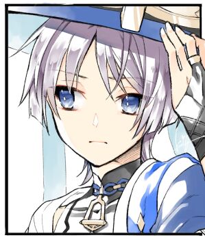 1boy armor black_bodysuit black_border black_bridal_gauntlets blue_cape blue_eyes blue_hat blunt_ends bodysuit border bridal_gauntlets bright_pupils cape closed_mouth covered_collarbone expressionless eyeliner fingernails genshin_impact gold gold_ring grey_hair hand_up hashtag-only_commentary hat highres japanese_armor japanese_clothes jingasa kimono kote kurokote looking_to_the_side makeup male_focus mandarin_collar middle_ring red_eyeliner scaramouche_(genshin_impact) shizaki_asuka shoulder_peek solo wanderer_(genshin_impact) white_background white_kimono white_pupils wispy_bangs