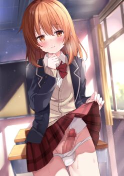 Rule 34 | 1boy, anonymous crossdresser, blush, bow, brown hair, bulge, censored, classroom, clothes lift, crossdressing, crossdressing (mtf), erection, lifting own clothes, long hair, long sleeves, looking at viewer, mosaic censoring, orange eyes, orange hair, panties, penis, plaid clothes, plaid skirt, pleated skirt, red skirt, school uniform, shirt, skirt, skirt lift, smile, solo, standing, trap, underwear, white panties, white shirt