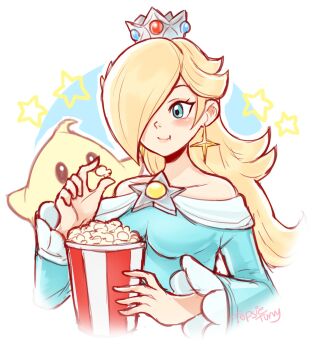 1girl artist_name bare_shoulders blonde_hair blue_dress blue_eyes brooch commentary crown dress earrings eating english_commentary food hair_over_one_eye highres holding jewelry long_hair long_sleeves luma_(mario) mario_(series) nintendo off-shoulder_dress off_shoulder popcorn rosalina star_(symbol) star_brooch star_earrings topsieturvy upper_body