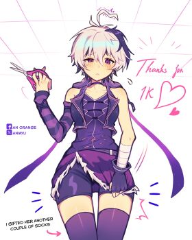 1girl ahoge androgynous anmyu arm_warmers arrow_(symbol) bandaged_arm bandages bare_shoulders blush collarbone commentary cowboy_shot embarrassed english_commentary english_text expressive_hair flower_(vocaloid) flower_(vocaloid4) flying_sweatdrops fur-trimmed_overskirt heart highres holding holding_scissors light_frown multicolored_hair notice_lines overskirt purple_arm_warmers purple_eyes purple_shirt purple_shorts purple_skirt purple_streaks purple_thighhighs purple_vesst scissors shirt short_hair shorts shorts_under_skirt single_arm_warmer skirt skirt_tug sleeveless sleeveless_shirt solo standing thank_you thighhighs torn_clothes torn_shirt twitter_cutting_game uneven_eyes vest vocaloid white_background white_hair zettai_ryouiki