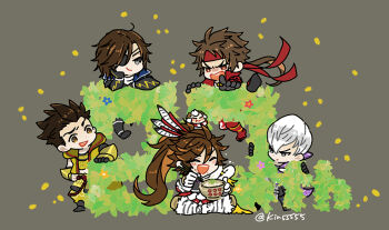 5boys :d anniversary brown_eyes brown_hair chopsticks date_masamune_(sengoku_basara) eating eishi2003 eyepatch feather_hair_ornament feathers furrowed_brow grey_eyes hair_ornament headband holding holding_chopsticks ishida_mitsunari_(sengoku_basara) long_hair low_ponytail maeda_keiji_(sengoku_basara) male_focus monkey multiple_boys open_mouth ponytail red_headband sanada_yukimura_(sengoku_basara) sengoku_basara short_hair smile smirk tokugawa_ieyasu_(sengoku_basara) twitter_username v-shaped_eyebrows white_hair yumekichi