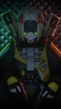 1girl black_gloves black_pants blindfold_mask blonde_hair breasts camouflage commentary covered_eyes english_commentary fingerless_gloves gloves hair_ornament highres jacket kemotice long_hair mask navel pants ponytail smile solo trigger_(zenless_zone_zero) zenless_zone_zero