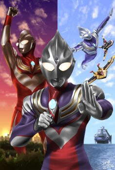 Rule 34 | 1boy, absurdres, aircraft, airplane, alien, armor, arms up, blue sky, breastplate, building, city, cityscape, clenched hand, cloud, cloudy sky, color timer, colored skin, commentary, compound eyes, crystal, day, dive hanger, dorsal fin, fighter jet, fighting stance, flying, forehead jewel, giant, giant male, glowing, glowing eyes, gradient eyes, gradient sky, guts wing, guts wing 02, hands up, highres, looking at viewer, male focus, midair, military vehicle, multicolored eyes, multicolored skin, multiple views, muscular, muscular male, no pupils, orange sky, outdoors, pectorals, purple skin, purple sky, raised fist, red skin, shining gold montblanc, silver skin, sky, split theme, straight-on, sunset, tokusatsu, toned, toned male, ultra series, ultraman tiga, ultraman tiga (multi type), ultraman tiga (power type), ultraman tiga (series), ultraman tiga (sky type), white eyes, wrinkled skin, yellow eyes