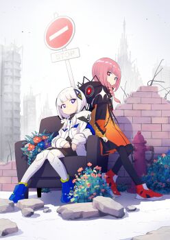 2girls absurdres black_jacket black_pantyhose blue_eyes blue_flower blue_footwear braid cevio chair commentary_request fire_hydrant flower highres hood hood_down hooded_jacket jacket kaf_(kamitsubaki_studio) kafu_(cevio) kamitsubaki_city_ensemble kamitsubaki_studio leaning_on_object long_hair long_sleeves multicolored_eyes multicolored_jacket multiple_girls nakamori_kemuri official_art on_chair orange_jacket pantyhose pink_hair puffy_long_sleeves puffy_sleeves purple_flower red_flower red_footwear road_sign second-party_source shoes sign sitting sneakers stop_sign twintails virtual_youtuber white_background white_hair white_jacket yellow_pupils