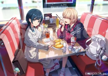 2girls :d backpack bag bag_charm black_hair blonde_hair brown_bag charm_(object) chocolate_syrup closed_mouth collared_shirt commentary_request company_name copyright_notice drink essual_(layer_world) food french_fries fruit glass grey_eyes grey_jacket grey_shirt holding ice_cream jacket ketchup_bottle lower_teeth_only minamo_madoka multiple_girls mustard_bottle nijisanji official_art open_mouth orange_eyes plate red_jacket red_shoes sample_watermark shirasa_ayane shirt shoelaces shoes sitting skirt smile sneakers socks strawberry table teeth tongue virtual_youtuber watermark white_bag white_shirt white_skirt white_socks