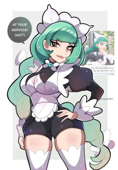 apron black_romper bow braid braided_ponytail breasts brown_eyes closed_mouth english_text fang game_screenshot_inset green_hair hair_bow highres juliet_sleeves large_breasts lebanne_(pokemon) long_braid long_hair long_sleeves looking_at_viewer maid maid_apron maid_headdress nintendo pokemon pokemon_legends:_z-a puffy_sleeves romper single_braid smile speech_bubble thighhighs thighs touyarokii white_thighhighs