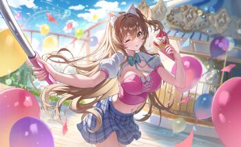 1girl ;q absurdres animal_ear_fluff animal_ears balloon blue_skirt blue_sky blush breasts brown_eyes brown_hair cat_ears cleavage cloud cloudy_sky commentary_request corset day fake_animal_ears girls&#039;_frontline girls&#039;_frontline_2:_exilium highres holding k2_(girls&#039;_frontline) large_breasts looking_at_viewer miniskirt navel one_eye_closed pink_corset puffy_short_sleeves puffy_sleeves ryu_o selfie_stick short_sleeves shrug_(clothing) skirt sky solo tongue tongue_out white_shrug yoohee_(girls&#039;_frontline_2)