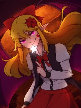 >:) 1girl black_vest blonde_hair bow bowtie elis_(touhou) facial_mark fang fang_out hair_bow hair_ornament highres juliet_sleeves long_hair long_sleeves mark_under_eye pink_eyes pointy_ears puffy_sleeves red_bow red_bowtie red_skirt shirt skirt solo speckticuls star_(symbol) star_facial_mark star_wand touhou touhou_(pc-98) upper_body v-shaped_eyebrows vest white_shirt wings