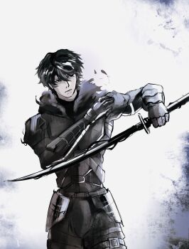 Rule 34 | 1boy, absurdres, armor, black eyes, black hair, cowboy shot, fur collar, hair between eyes, hand up, highres, holding, holding sword, holding weapon, looking to the side, male focus, narrowed eyes, serious, shadow slave, short hair, solo, sunny (shadow slave), sword, t0ruuu, walking, walking towards viewer, weapon