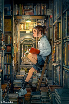 1girl artist_name black_socks blue_shorts book book_stack brown_eyes brown_hair closed_mouth collared_shirt commentary denim denim_shorts english_commentary from_side green_shirt hair_ornament hairclip hanging_light highres holding holding_book indoors jacket ladder looking_at_viewer original ponytail shirt shoes short_ponytail shorts sidelocks sitting sneakers socks solo white_jacket white_shoes yoshida_seiji