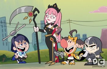 4girls black_dress black_hair blue_eyes blue_hair blunt_bangs brown_hair character_request commentary danycan day dress english_commentary full_body gigi_murin grey_hair highres holding holding_scythe hololive hololive_english logo_parody long_dress long_hair mori_calliope mori_calliope_(1st_costume) multicolored_hair multiple_girls ouro_kronii ouro_kronii_(1st_costume) outdoors parody pink_eyes pink_hair scythe shiori_novella shiori_novella_(1st_costume) short_hair split-color_hair standing straight_hair style_parody the_grim_adventures_of_billy_&amp;_mandy tiara toon_(style) virtual_youtuber watermark yellow_eyes