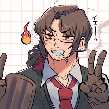 1boy absurdres amputee bags_under_eyes beard_stubble black-framed_eyewear black-framed_glasses black_suit black_vest blush bow brown_eyes brown_hair cigarette collarbone collared_shirt double_v dress_shirt facial_hair fire formal_clothes glasses gloves gregor_(project_moon) grin hair_between_eyes hair_bow hair_ribbon half-closed_eyes hands_up highres joints limbus_company liu_association_south_uniform long_hair long_sleeves looking_afar looking_ahead looking_to_the_side low_ponytail male_focus mechanical_arms mouth_hold necktie official_alternate_costume parted_bangs parted_lips photoshop_(medium) pocket ponytail portrait project_moon prosthesis prosthetic_arm red_bow red_necktie red_ribbon ribbon sanpaku semi-rimless_eyewear shirt sidelocks simple_background single_mechanical_arm smile smoke smoking smug solo stubble suit teeth under-rim_eyewear undershirt upper_body v v-shaped_eyebrows vest white_background white_shirt white_undershirt wing_collar