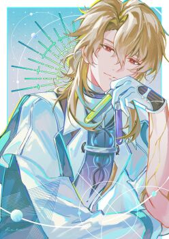 Rule 34 | 1boy, absurdres, arm belt, asymmetrical sleeves, blonde hair, border, closed mouth, commentary, dutch angle, english commentary, gloves, head rest, highres, holding, jacket, lapels, looking at viewer, luuk herssen (wuthering waves), male focus, medium hair, mole, notched lapels, open clothes, open jacket, outside border, parted hair, red eyes, reika (reikadraws), smile, solo, uneven sleeves, white border, white gloves, white jacket, wuthering waves