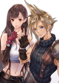 1boy 1girl armor bare_shoulders black_hair black_skirt blonde_hair blue_eyes brown_hair cloud_strife crop_top detached_sleeves earrings final_fantasy final_fantasy_vii fingerless_gloves gloves hand_up jewelry long_hair midriff navel red_eyes red_gloves shimamiyako shoulder_armor simple_background skirt sleeveless sleeveless_turtleneck spiked_hair square_enix suspender_skirt suspenders sweater tank_top tifa_lockhart turtleneck turtleneck_sweater waving white_tank_top