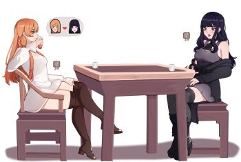 2futa absurdres black_hair black_nails blue_eyes blunt_bangs boots breasts bulge chair crossed_legs cup final_fantasy final_fantasy_xiv full_body futanari gaia_(ff14) gameplay_mechanics heart high_heel_boots high_heels highres long_hair looking_at_another lucateal lucatealnsfw medium_breasts multiple_futa potion ryne_waters simple_background sitting slit_pupils smile speech_bubble stool table thigh_boots toeless_footwear white_background