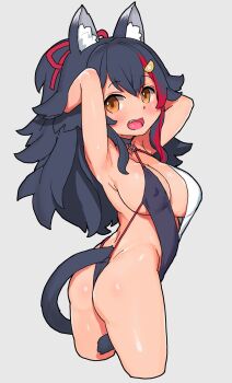1girl alternate_costume animal_ear_fluff animal_ears armpits arms_behind_back ass black_hair blush breasts covered_erect_nipples cropped_legs fang from_behind from_side grey_background hair_ornament hairclip highres hololive large_breasts long_hair looking_at_viewer looking_back najimi_shin ookami_mio open_mouth orange_eyes solo swimsuit tail turning_around virtual_youtuber wolf_ears wolf_girl wolf_tail