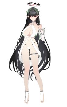 1girl absurdres alternate_ears arm_garter black_hair blue_archive breasts choker cleavage flower_wreath full_body hair_intakes halo halterneck head_wreath highleg highleg_panties highres holding holding_tablet_pc large_breasts long_hair millennium_science_school_logo mizikayo o-ring o-ring_top panties pointy_ears red_eyes rio_(blue_archive) silver_choker sketch solo standing tablet_pc thigh_strap underwear very_long_hair