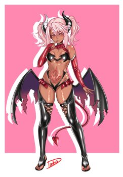 1girl absurdres blush boots breasts bridal_gauntlets chloe_von_einzbern commentary dark-skinned_female dark_skin demon_girl demon_wings english_commentary fate/kaleid_liner_prisma_illya fate_(series) full_body gluteal_fold hand_up high_heel_boots high_heels highres horns looking_at_viewer low_wings navel open-toe_boots pink_hair pubic_tattoo revealing_clothes romulproduce sidelocks small_breasts solo tattoo thigh_boots twintails wings yellow_eyes
