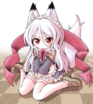 1girl animal_ears apron blush brown_cape brown_shoes cape closed_mouth commentary_request concon-collector dress fox_ears fox_girl fox_tail frilled_apron frilled_dress frilled_thighhighs frills grey_dress long_hair long_sleeves maid maid_apron maid_headdress meta&#039;36 neck_ribbon pink_ribbon red_eyes ribbon shoes short_dress sitting solo sweat tail thighhighs wariza white_apron white_hair white_thighhighs