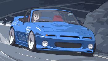 1girl absurdres black_choker black_eyes black_hair black_shirt blue_car car choker convertible driving dust eunos_roadster hana_(vee_(427deer)) highres mazda mazda_mx-5 mazda_mx-5_na mazda_roadster motor_vehicle original real_world_location right-hand_drive shadow shirt smile solo sports_car tail_of_the_dragon vee_(427deer) vehicle_focus watermark web_address