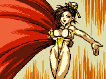 Rule 34 | 1girl, breasts, brown hair, bun cover, cape, chunsoft, cleavage, fuurai no shiren, gold one-piece swimsuit, golden week, hat, highleg, highleg one-piece swimsuit, large breasts, looking at viewer, one-piece swimsuit, one eye closed, open mouth, oryuu, pixel art, red cape, saiwai hiroshi, smile, sparkle, standing, swimsuit, white hat, wink