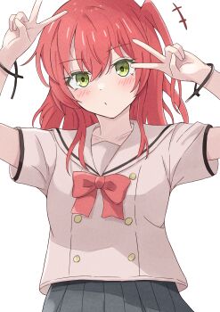 1girl absurdres azakura_(beniyomogi) black_skirt blush bocchi_the_rock! bow bowtie brown_sailor_collar brown_shirt closed_mouth collarbone commentary_request cowboy_shot double_v green_eyes hair_between_eyes hands_up highres kita_ikuyo long_bangs long_hair looking_at_viewer one_side_up pleated_skirt red_bow red_bowtie red_hair sailor_collar school_uniform serafuku shirt short_sleeves shuka_high_school_uniform simple_background skirt solo standing straight-on v white_background