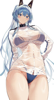 1girl bikini bikini_under_clothes blue_bikini blue_eyes blue_hair blush breasts closed_mouth cowboy_shot goddess_of_victory:_nikke helm_(aqua_marine)_(nikke) helm_(nikke) highres hiiragi_yuuichi large_breasts long_hair long_sleeves looking_at_viewer ponytail sidelocks simple_background solo swimsuit thighs wet wet_clothes white_background