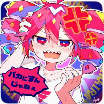 1girl ahoge alternate_costume blonde_hair blue_eyes blue_hair drill_hair flat_chest hand_on_own_head hand_up highres iraira_shite_iru_(synthesizer_v) kasane_teto looking_at_viewer multicolored_hair red_eyes red_hair sato_(r017xts117) shirt solo speech_bubble sweat tears translation_request twin_drills upper_body utau white_shirt