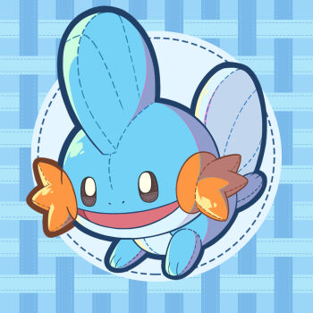 Rule 34 | black eyes, blue background, bright pupils, character doll, commentary, commentary request, doll, english commentary, full body, gen 3 pokemon, mixed-language commentary, mudkip, nintendo, no humans, nostrils, objectification, open mouth, pluto.m, pokemon, pokemon (creature), seams, solo, stuffed toy, white pupils