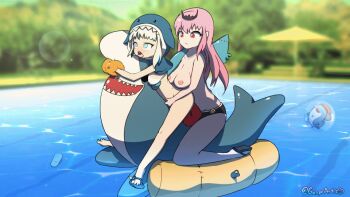 2girls ahegao animated animated_gif ball beachball bloop_(gawr_gura) blurry breasts depth_of_field dildo doggystyle double_penetration gasprart gawr_gura hololive hololive_english huge_filesize loli long_hair looping_animation mori_calliope multiple_girls nipples o-ring o-ring_bottom object_insertion open_mouth pink_eyes pink_hair pool sandals sex sex_from_behind sex_toy strap-on toy twitter_username vaginal vaginal_object_insertion virtual_youtuber yuri