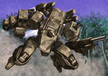 blue_sky camouflage flying gun highres holding holding_gun holding_weapon mecha missile_pod no_humans original outdoors robot science_fiction sky tree tyokugekidato weapon woodland_camouflage