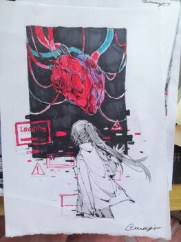 16personalities 1girl absurdres cowboy_shot greyscale_with_colored_background hand_up heart_(organ) high_ponytail highres lab_coat loading_screen logician_(16personalities) long_hair mouyimouyi pants ponytail sign solo traditional_media very_long_hair warning_sign