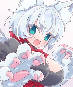 Rule 34 | 1girl, ahoge, animal ears, animal hands, black shirt, blue eyes, bow, bowtie, breasts, cerberus (eco), cleavage cutout, clothing cutout, dog ears, emil chronicle online, fang, from side, hair bow, highres, large breasts, open mouth, ponytail, red bow, red bowtie, shirt, solo, upper body, white background, white hair, yusa yuyu