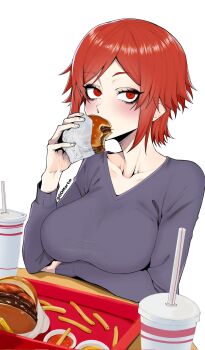 1girl aizawa_tomo arm_under_breasts black_eyeshadow blush breasts burger collarbone commentary corrupted_twitter_file cup disposable_cup eating eyelashes eyeshadow fingernails food french_fries grey_sweater hand_up highres holding holding_burger holding_food ketchup large_breasts looking_at_viewer makeup mustard nose on_table oomartm red_eyes red_hair short_hair sidelocks simple_background sitting solo sweater table tomboy tomo-chan_wa_onna_no_ko twitter_username upper_body white_background