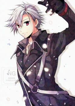 1boy antenna_hair black_gloves coat commentary_request curtained_hair eiyuu_densetsu gloves light_smile official_alternate_eye_color official_alternate_hair_color purple_eyes rean_schwarzer satsuki_(chaosmode) sen_no_kiseki sen_no_kiseki_(series) sen_no_kiseki_iii simple_background